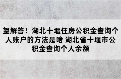 望解答！湖北十堰住房公积金查询个人账户的方法是啥 湖北省十堰市公积金查询个人余额